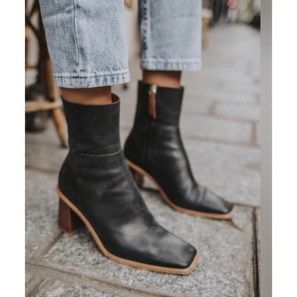 Alohas West Black Vintage Leather Square Toe Ankle Boots, Size 6.5 US/ EU 37